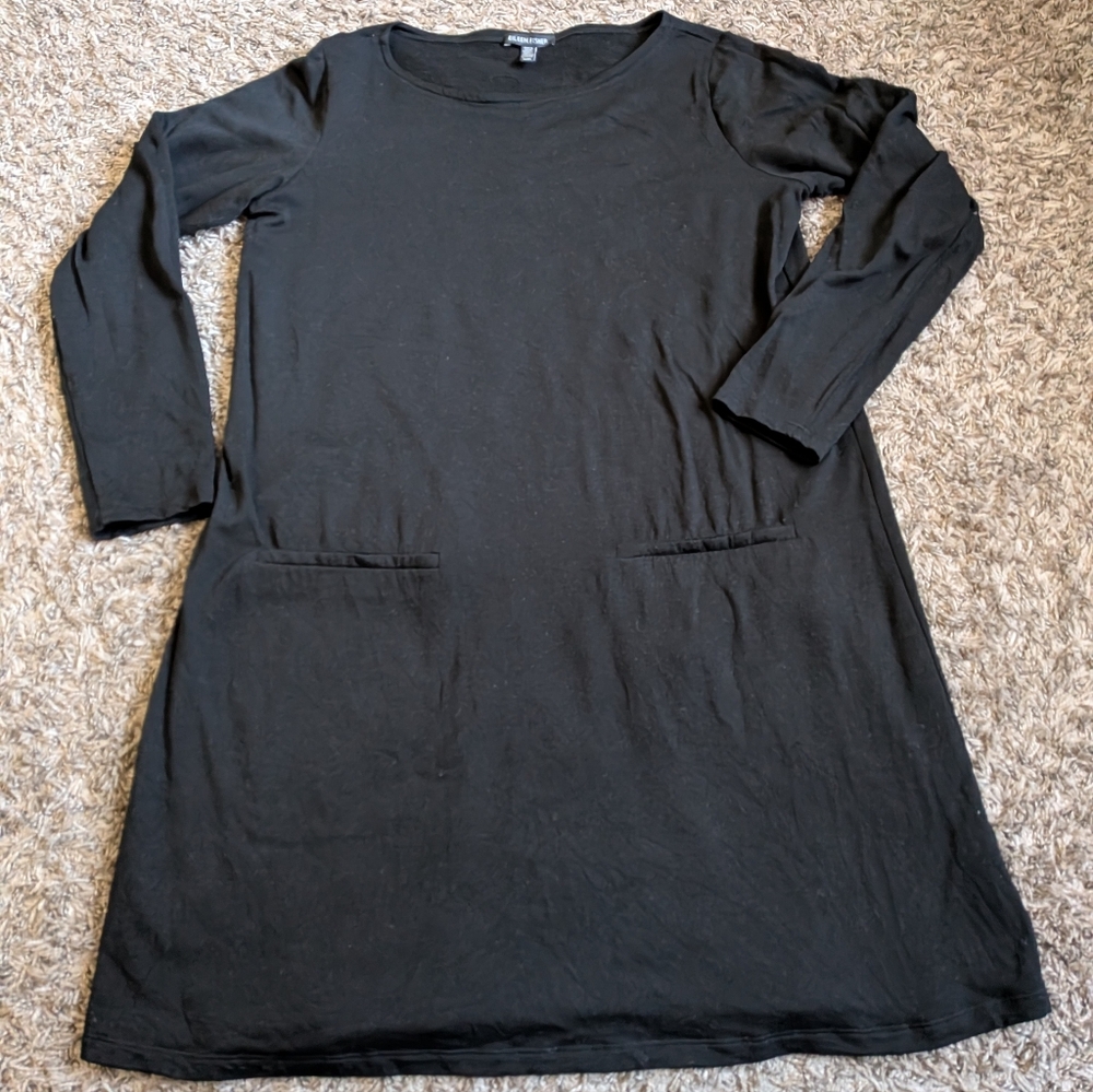 Eileen Fisher Black Tencel Front Pockets Long Sleeve Shirt Dress M